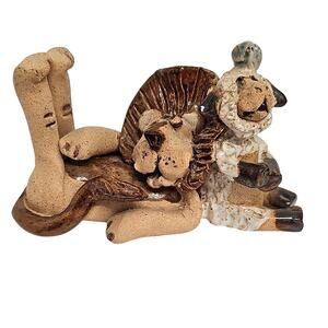 Hand Crafted Studio Art Whimsical Lion and Lamb Sculpture 4.5" x 3"